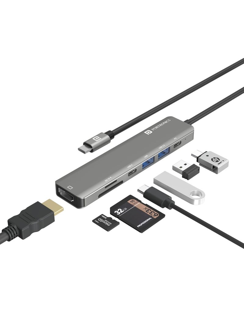 بورترونيكس Portronics Mport 52 USB C Hub Dock (7-in-1), Multiport Adapter with 4K HDMI, 60 W PD Charging, USB 3.0/2.0 & USB Type-C Data Ports at up to 10 Gbps, microSD & SD Card Reader for Laptops(Grey) - Image 1